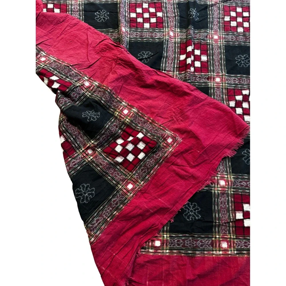 Sambalpuri Ikat Cotton Fabric Red Black Pasapalli Checkerboard Handloom Coverlet